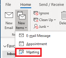 Screenshot - Select New Items and choose New Meeting